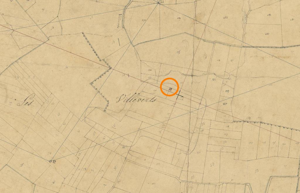 Cabane aux Villeverts, extrait du plan cadastral de 1826, feuille E. Parmi les petites constructions utiles aux travaux des champs, seules les cabanes figurent sur les plans cadastraux, établis à des fins fiscales. Ici, une cabane (entourée d'un cercle orange) à Villeverts, aujourd'hui détruite.