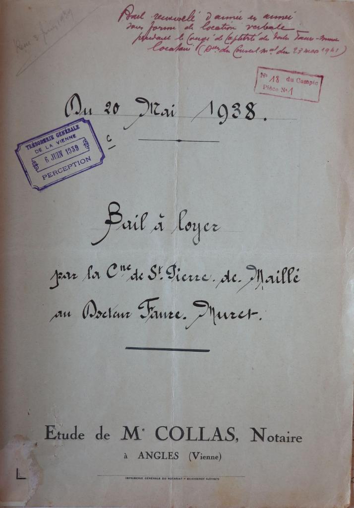 Bail à loyer entre la commune et le Dr André Faure-Muret, mai 1938.