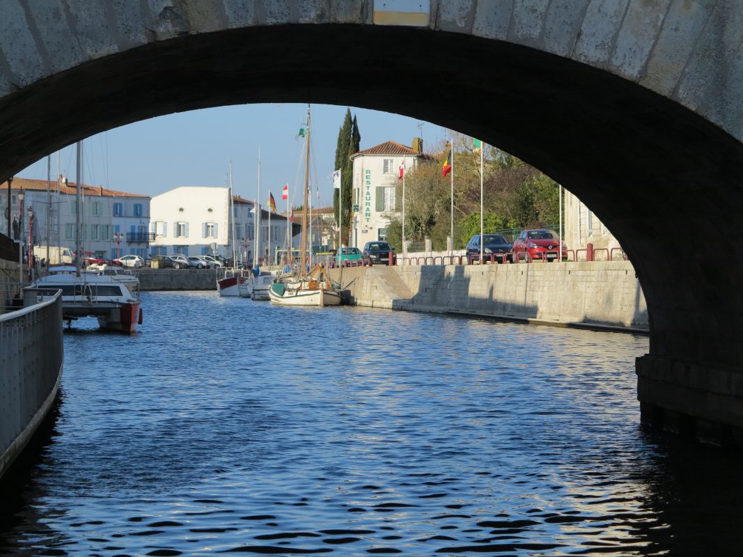 La Sèvre et les quais de la rive droite, en aval du pont de pierre, vus de dessous le pont.