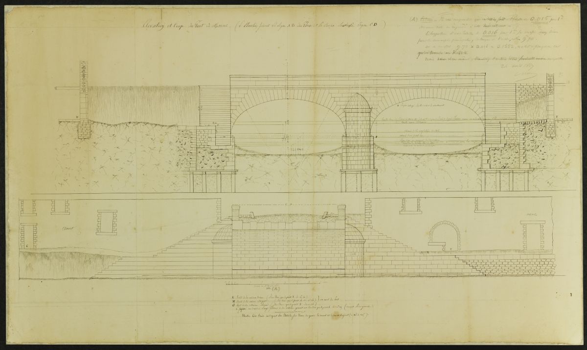 Elévation et coupe du pont de pierre vers 1818.