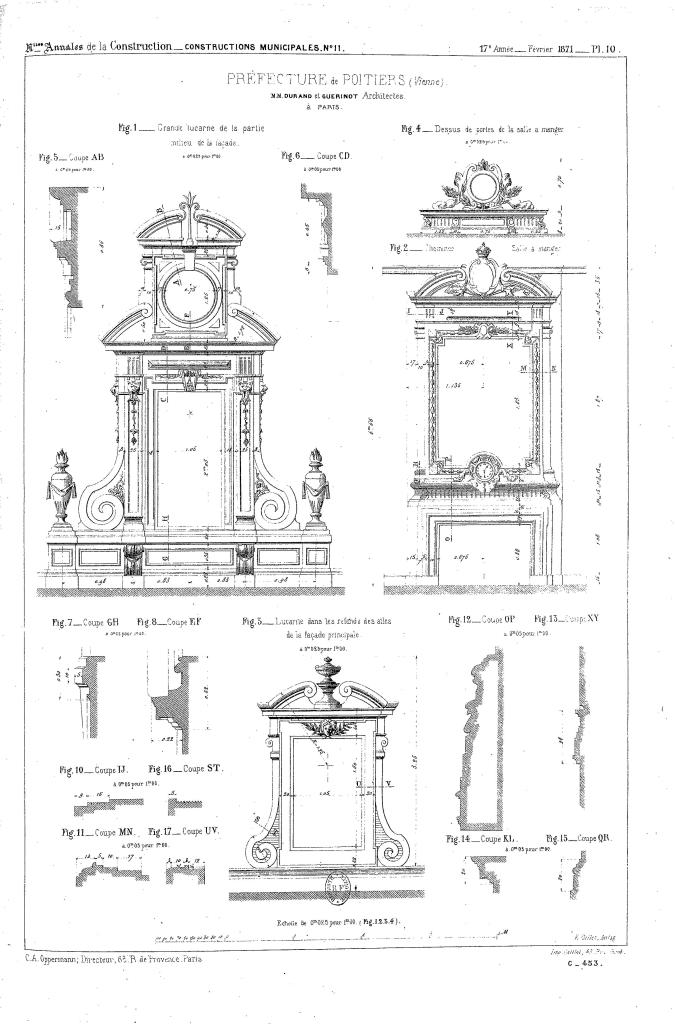 Lucarnes et dessus de porte de la salle à manger, dessin d'Alphonse Durand et Gaëtan Guérinot, publié en 1871.