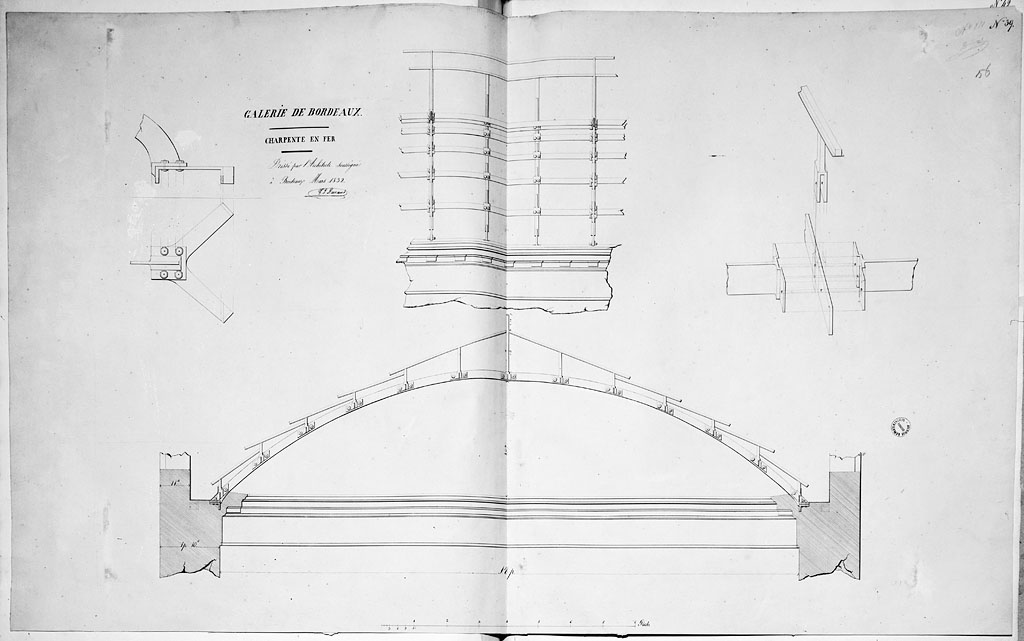 Projet de construction de la galerie par l'architecte Cl. Durand, charpente en fer, coupe, plan et détails.